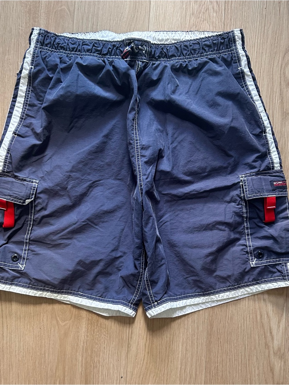 Men's Navy Cargo Swim Shorts with Red Accent